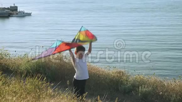 小男孩正举着一只五颜六色的风筝在他的头上概念游戏想象梦想的飞翔视频的预览图