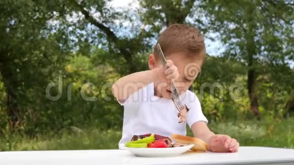 一个小男孩坐在绿色森林背景下的一张桌子旁吃烤肉上煮的肉视频的预览图