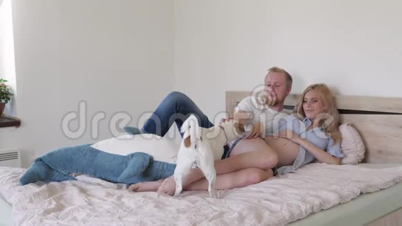 年轻的一家人在卧室的床上等待一个婴儿一个男人和一个孕妇在床上玩耍视频的预览图