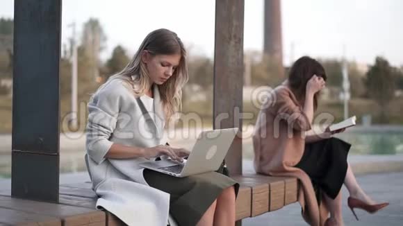 一个女人在池塘边的长凳上工作而她的朋友在看书视频的预览图