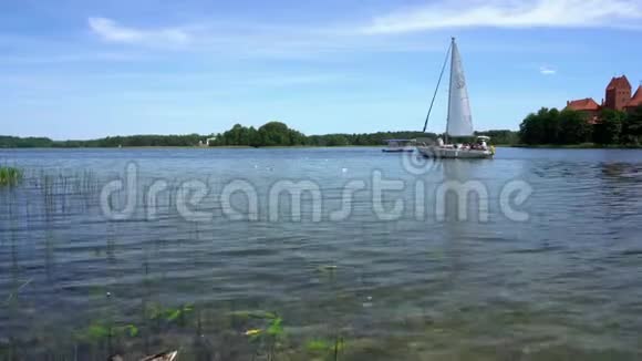 游艇双体船和摩托艇漂浮在湖水上万向节全景图视频的预览图
