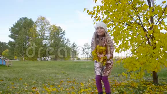 快乐少年女孩在秋天公园慢动作中辗转黄叶视频的预览图