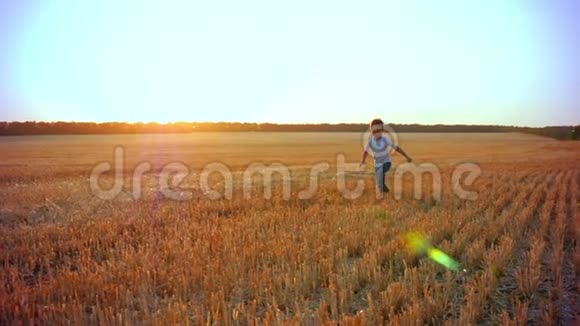日落时快乐的孩子在金色的麦田上奔跑快乐的微笑男孩在大自然中玩耍概念视频的预览图