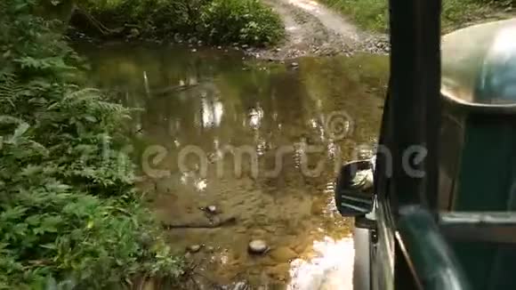 开车穿过浅溪在森林中的偏远道路上行驶时车辆穿越浅水河的景色视频的预览图