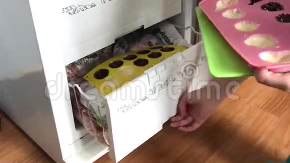 这位女士放入一个冷冻硅胶模具用融化的白色和黑色巧克力涂上油脂做甜点视频的预览图