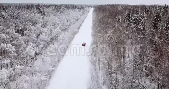 冬天用橙色的汽车俯瞰雪林和道路视频的预览图