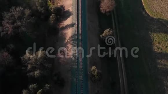 火车轨道的鸟瞰图飞过树林卡扎拉德拉谢拉视频的预览图