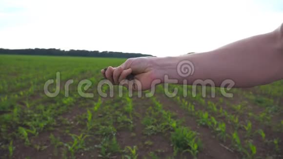 在晴朗的日子里密切的男农手握一把干地检查田间的土壤肥力模糊的视频的预览图