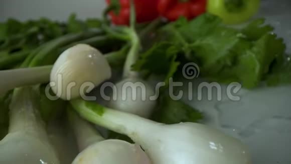 洋葱和西红柿黄瓜生菜在自来水下冲洗后滴在水中视频的预览图