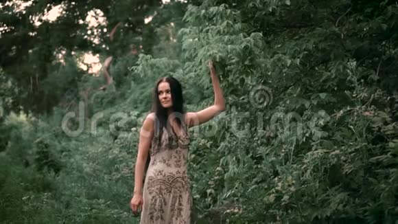 一个穿着银色刺绣的灰色连衣裙留着黑色长发的女孩在野生森林中缓慢地走着触摸着森林视频的预览图