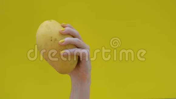 在女人手中的黄色背景上跳舞黄色芒果视频的预览图