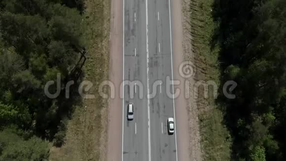 镜头飞过树林里的马路镜头拍摄下来空中观景4K视频的预览图