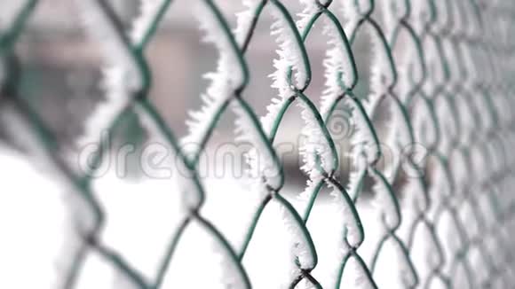 冰冻栅栏由金属网制成覆盖着霜晶一个阳光明媚的清晨视频的预览图