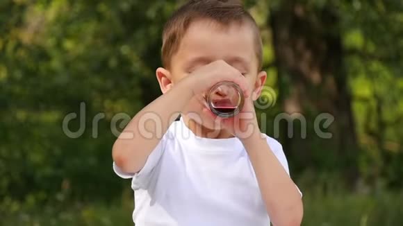 孩子在大自然中喝红果汁一个小男孩喝着果汁把杯子放在桌子上微笑着婴儿节目视频的预览图
