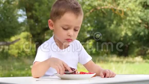 一个快乐的孩子的特写有胃口的小男孩在大自然里吃蔬菜烧烤视频的预览图