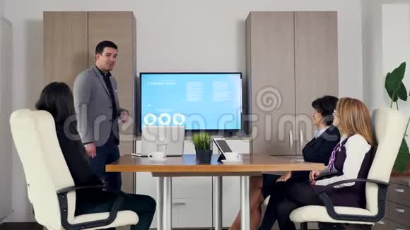 大屏幕电视上展示公司数据的成年商人视频的预览图
