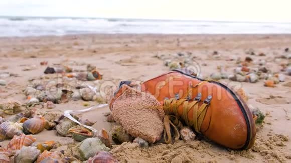 风暴过后旧棕色靴子在海滩上的沙滩上的拉潘贝壳中视频的预览图