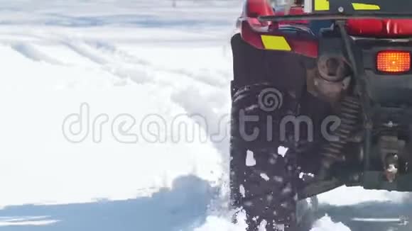 穿冬装的成年人在森林里骑雪地摩托视频的预览图