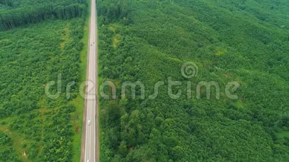 从无人驾驶汽车俯视沿着茂密的森林行驶4K视频的预览图