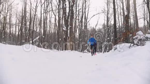 青年男女同步在冬林中奔跑上午视频的预览图