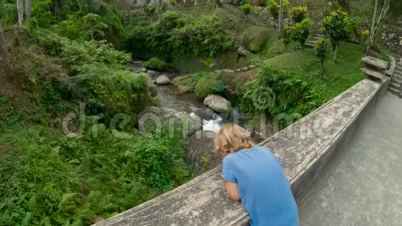 巴厘岛GunnungKawi寺庙周围公园一条热带小河的慢镜头视频的预览图