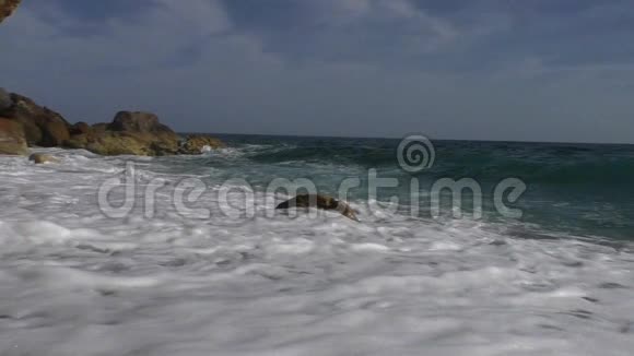 海浪在海滩上撞击岩石视频的预览图