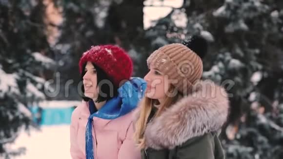 快乐的女性朋友在冬天一起玩雪慢动作视频的预览图