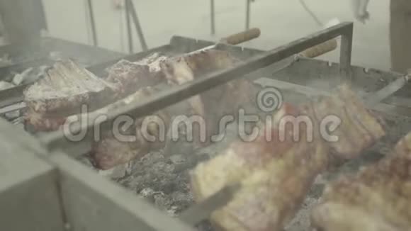 肉在铁烤架上煎特写镜头BBQ视频的预览图