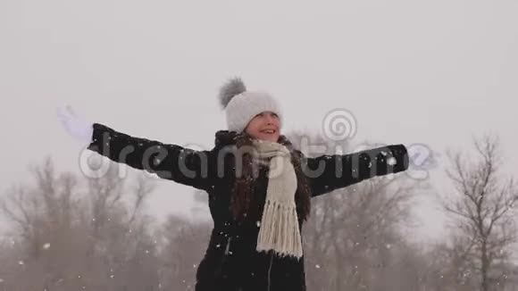 美丽的女孩捕捉雪花在冬季公园的圣诞节周末快乐的女孩在大雪中在森林里玩耍视频的预览图