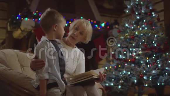 一位漂亮的老太太在圣诞夜给她的孙子读童话他问是什么视频的预览图
