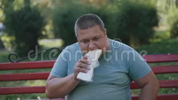 一个胖子在长凳上吃有害的快餐视频的预览图