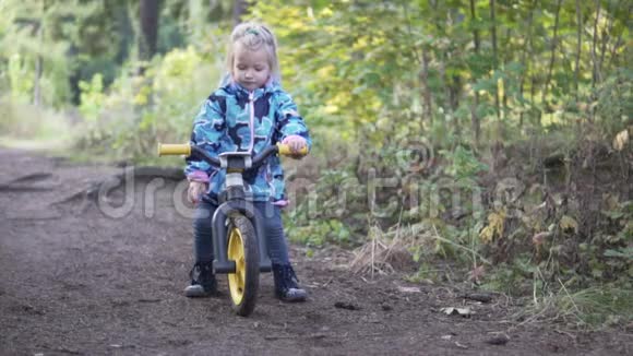 小女孩在秋天的森林里骑着拨浪鼓视频的预览图