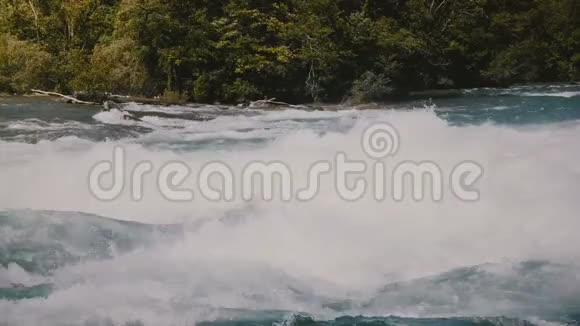 在危险的尼亚加拉河肆虐的水域快速的白水波和河岸上的树木上拍摄的泡沫特写镜头视频的预览图