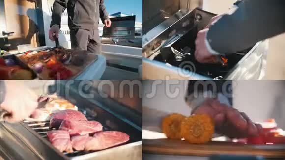 四合一烤肉煎炸的过程船上的便携式烤架视频的预览图