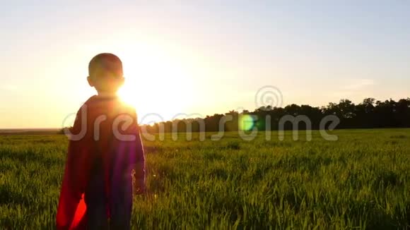 一个穿着红色斗篷的超级英雄服装的快乐孩子在日落时站在绿色的草坪上视频的预览图