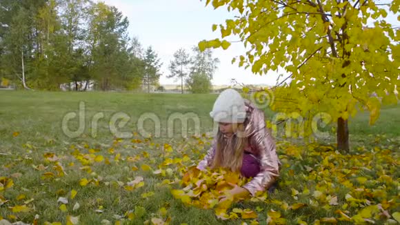 快乐可爱的女孩抓住秋天公园的黄叶视频的预览图