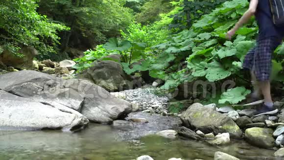 人游客渡山河在山中丛林自然公园在石头上徒步穿越石河视频的预览图