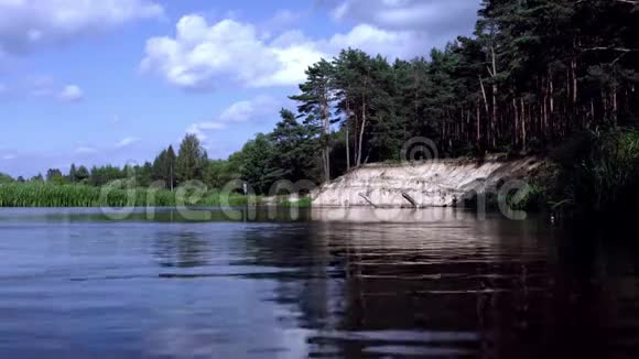 美丽的风景松林生长在湖边的沙质悬崖上视频的预览图