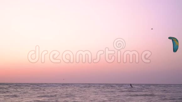 慢动作射击黎明时一个运动员独自控制着训练风筝海鸥在天空中飞翔视频的预览图