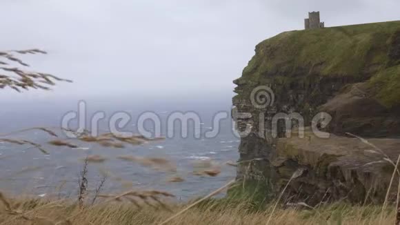 爱尔兰莫赫悬崖上有城堡的风视频的预览图