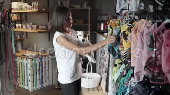 漂亮的女人给她的狗选衣服视频的预览图