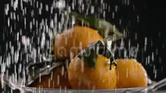 在视频中我们看到橘子它们是折叠的水从顶部落下而不是停止黑色视频的预览图
