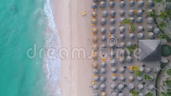热带海滩的鸟瞰图人雨伞椅子多米尼加共和国蓬塔卡纳视频的预览图