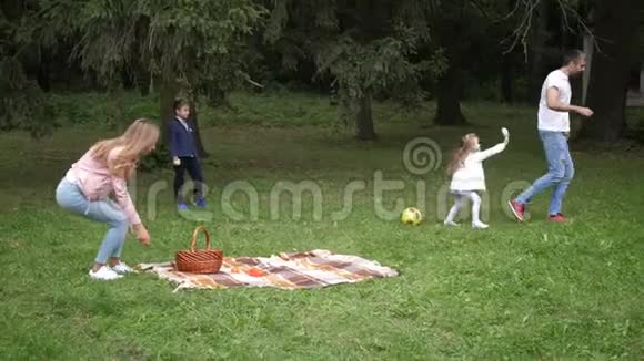 快乐的家庭爸爸妈妈儿子和女儿在秋天的公园里玩耍慢动作4k视频的预览图