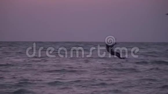 一个人在黎明时从事风筝冲浪一只鸟在天空中飞翔视频的预览图