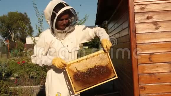 一个穿着白色防护服的女养蜂人正在检查一个蜜蜂爬行的带有蜂窝的框架视频的预览图