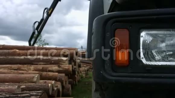 现代伐木工人在锯木厂工作强大的树木伐木机提升原木视频的预览图