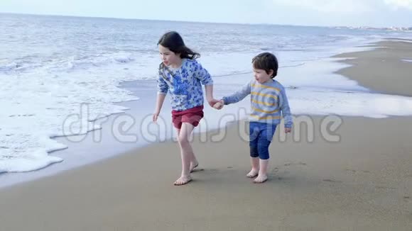 快乐的孩子们在海滩上玩耍姐姐和她的弟弟牵着手跑视频的预览图