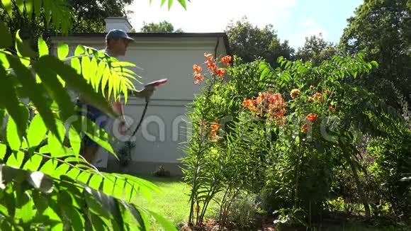 花匠用水管喷雾器工具在院子里用橙色百合花上喷水4K视频的预览图