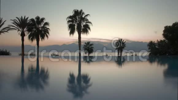度假胜地傍晚的时间泳池棕榈和山景视频的预览图